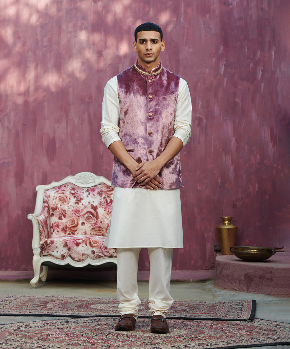 Handcrafted Onion Pink Velvet Stitched Nehru Jacket With Dabka And Nakshi Embroidery