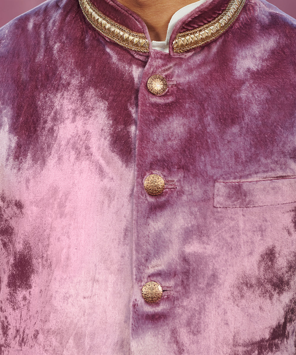Handcrafted Onion Pink Velvet Stitched Nehru Jacket With Dabka And Nakshi Embroidery