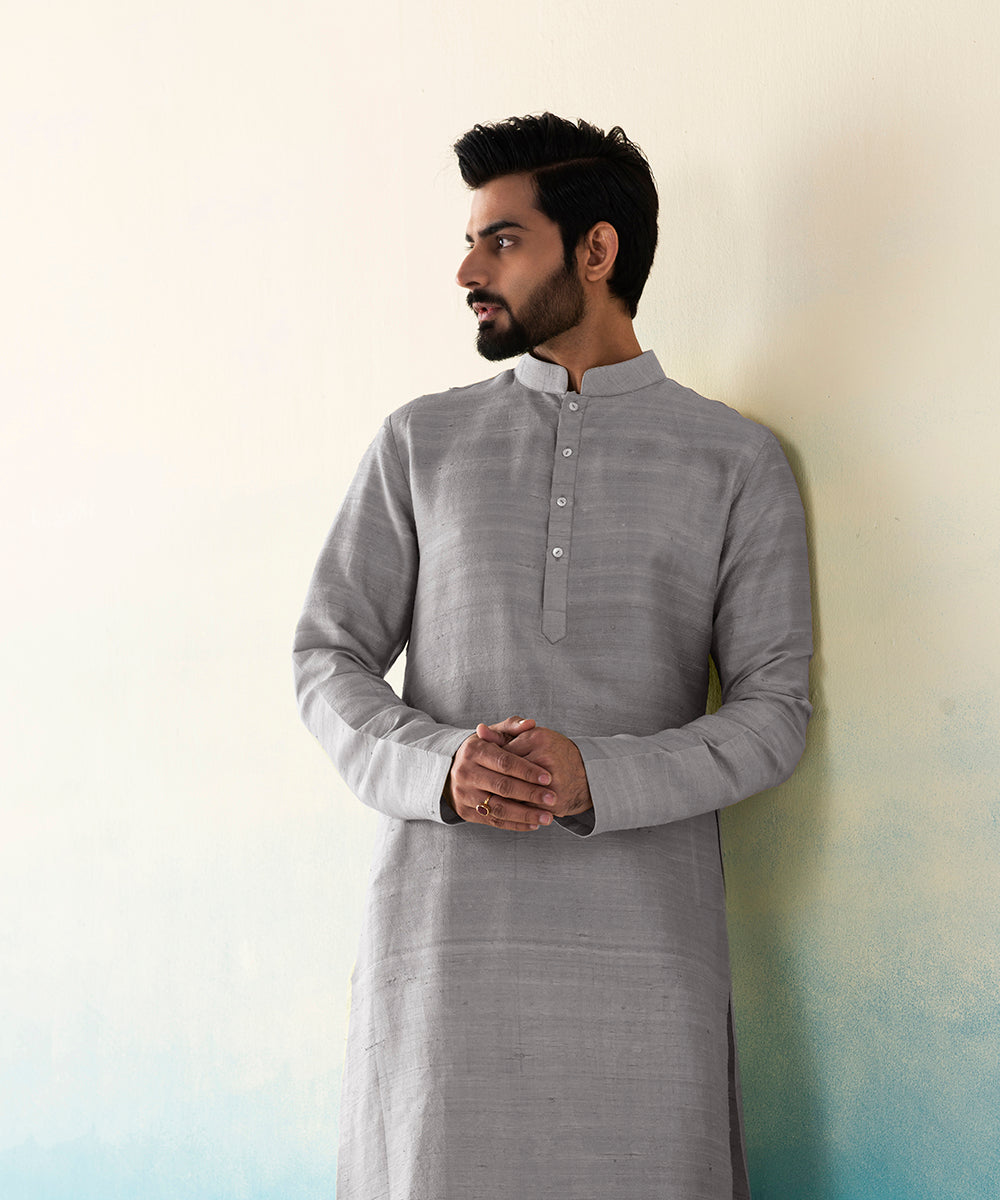 Grey_Raw_Silk_Kurta_Churidar_set_WeaverStory_01