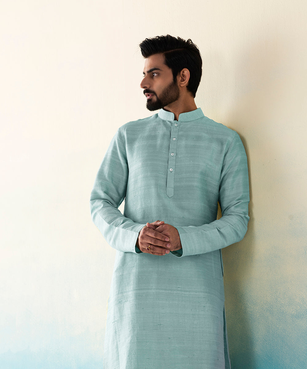 Ice Blue Raw Silk Mens Kurta Churidar set - WeaverStory