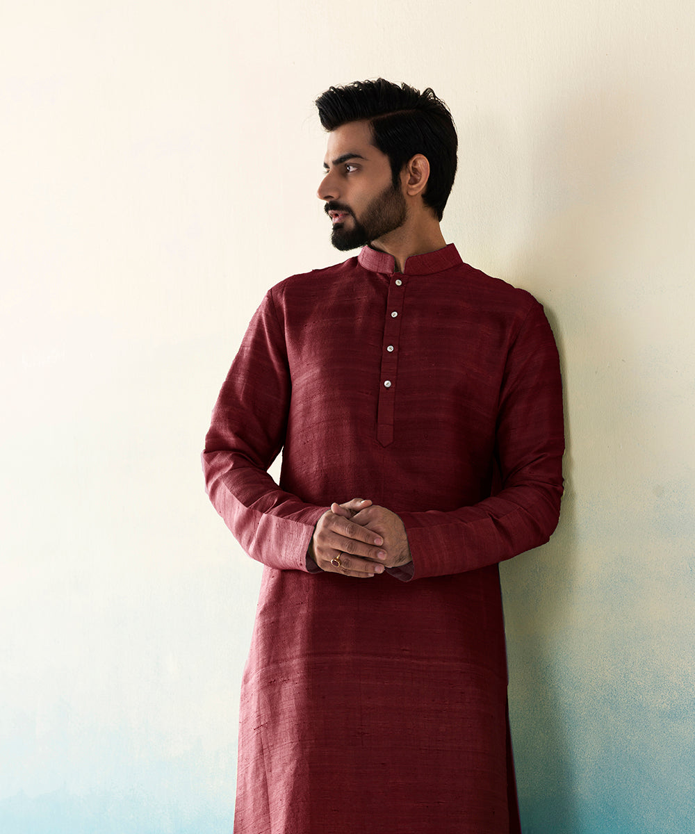 Maroon_Raw_Silk_Kurta_Churidar_set_WeaverStory_01