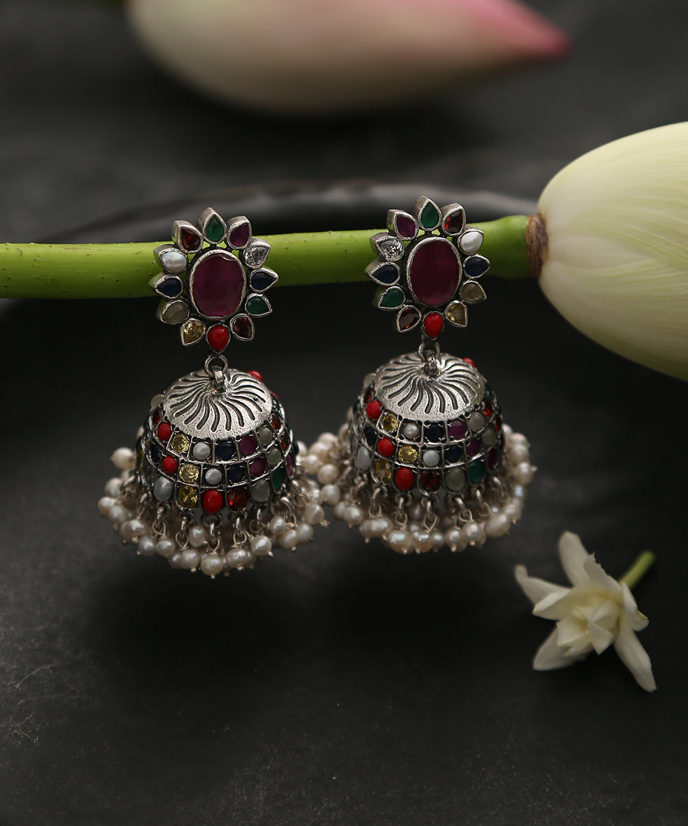 Pure_Silver_Jhumki_With_Multicolor_Stones_And_Pearls_WeaverStory_01