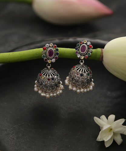 Pure_Silver_Handcrafted_Jhumki_With_Multicolor_Oval_Studd_WeaverStory_01