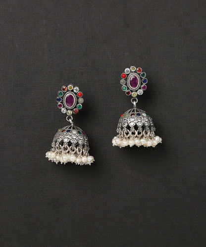 Pure_Silver_Handcrafted_Jhumki_With_Multicolor_Oval_Studd_WeaverStory_02