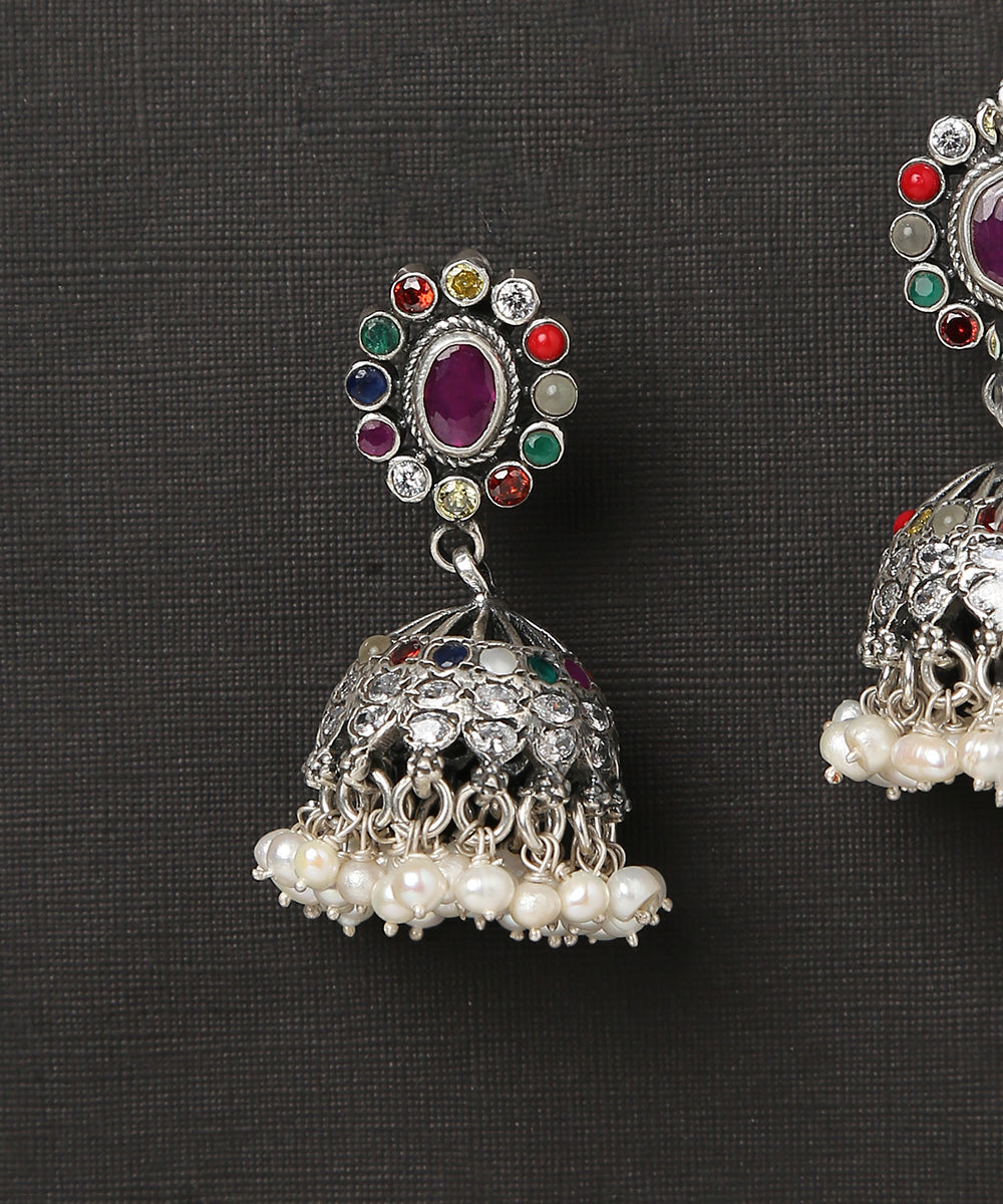 Pure_Silver_Handcrafted_Jhumki_With_Multicolor_Oval_Studd_WeaverStory_03