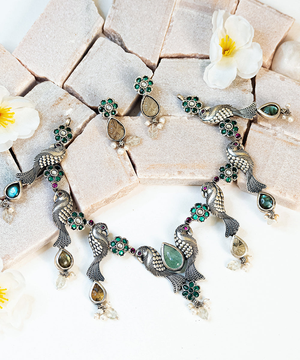 Mariyam_Handcrafted_Oxidised_Pure_Silver_Necklace_Set_With_Stones_WeaverStory_01