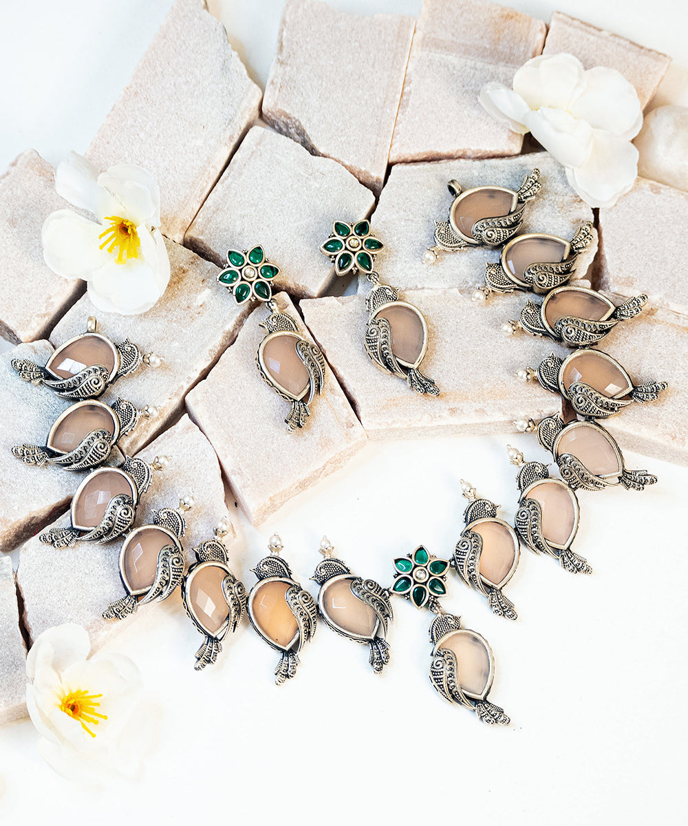 Afza_Handcrafted_Oxidised_Pure_Silver_Necklace_Set_With_Rose_Quartz_And_Kempstones_WeaverStory_01