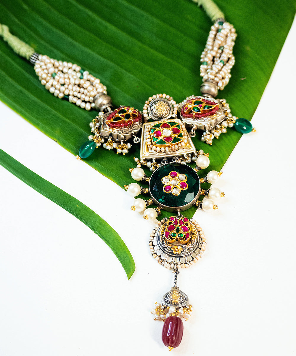 Asfa_Handcrafted_Oxidised_Pure_Silver_Necklace_With_Pearls_And_Kundan_WeaverStory_01