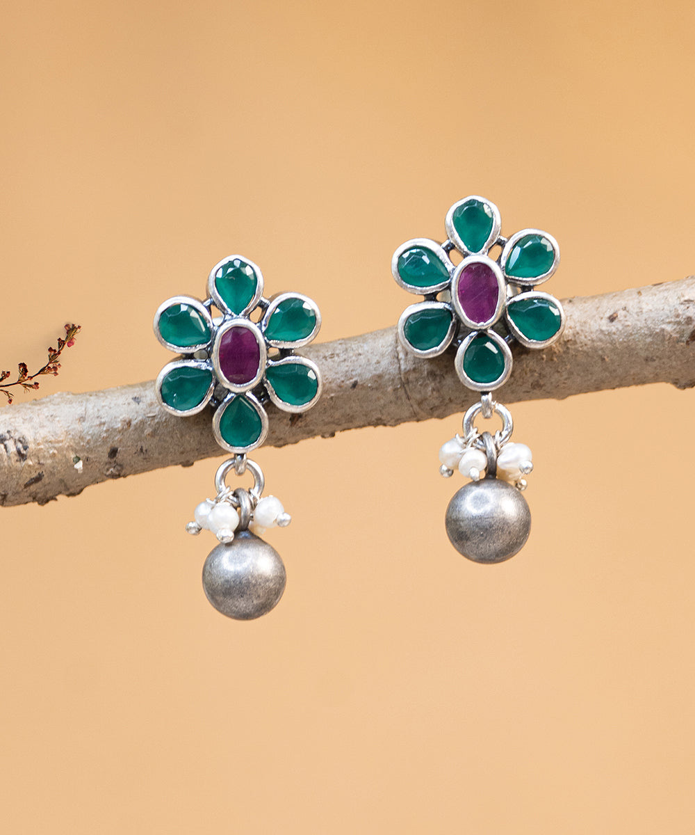 Siham_Handcrafted_Oxidised_Pure_Silver_Earrings_With_Stones_And_Pearls_WeaverStory_02