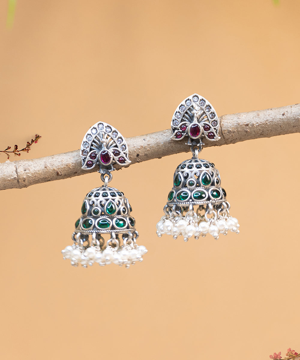 Mahrosh_Handcrafted_Oxidised_Pure_Silver_Earrings_With_Pearls_And_Stones_WeaverStory_02