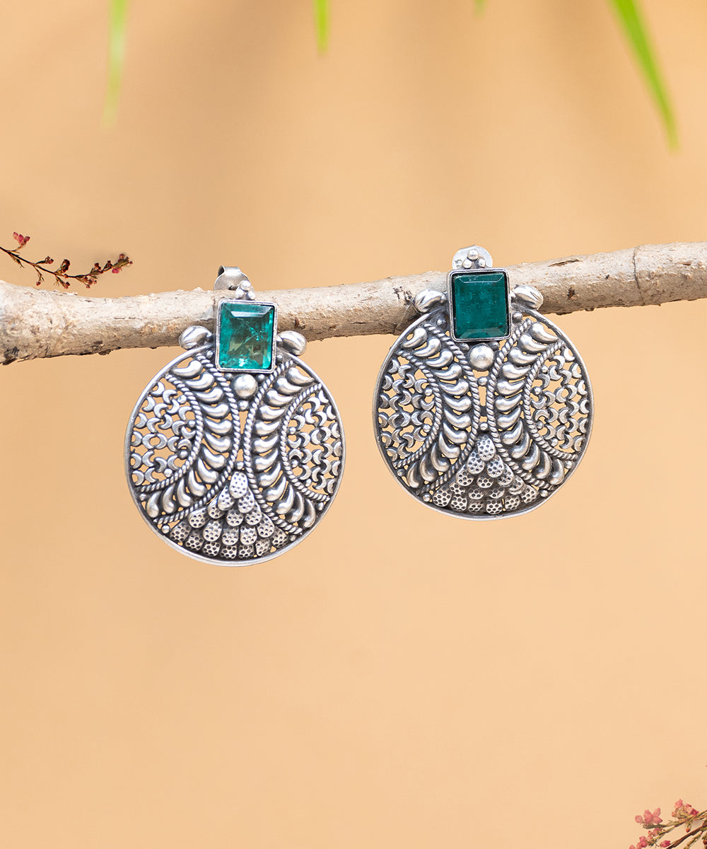 Mahia_Handcrafted_Oxidised_Pure_Silver_Earrings_With_Emeralds_WeaverStory_02