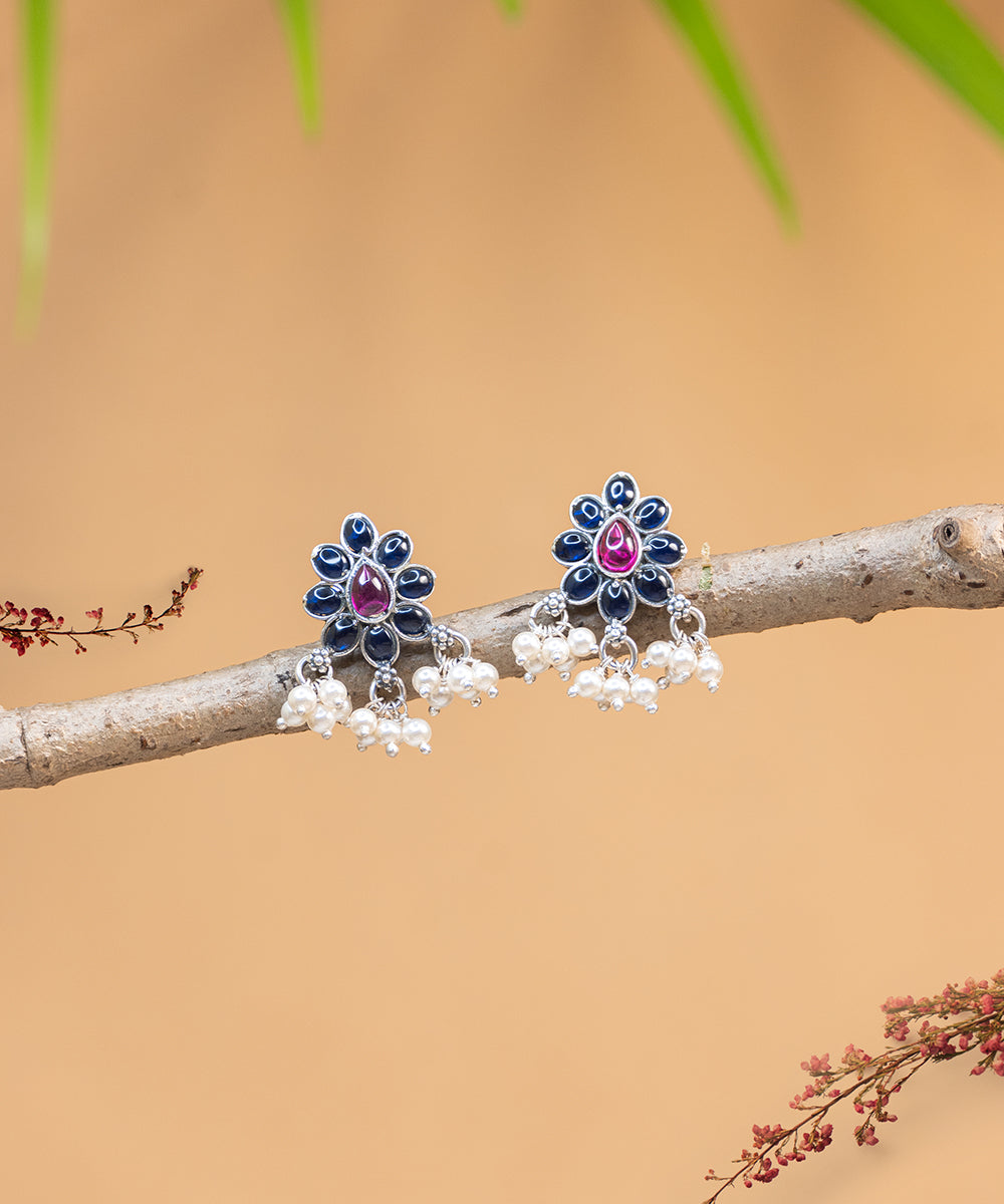 Naheed_Handcrafted_Oxidised_Pure_Silver_Earrings_With_Stones_And_Pearls_WeaverStory_01