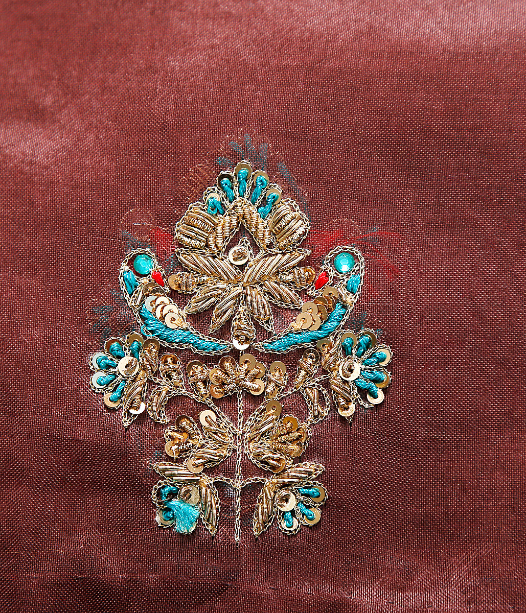 Handwoven_organza_dupatta_in_chocolate_brown_with_zardozi_hand_embroidered_motifs_WeaverStory_03