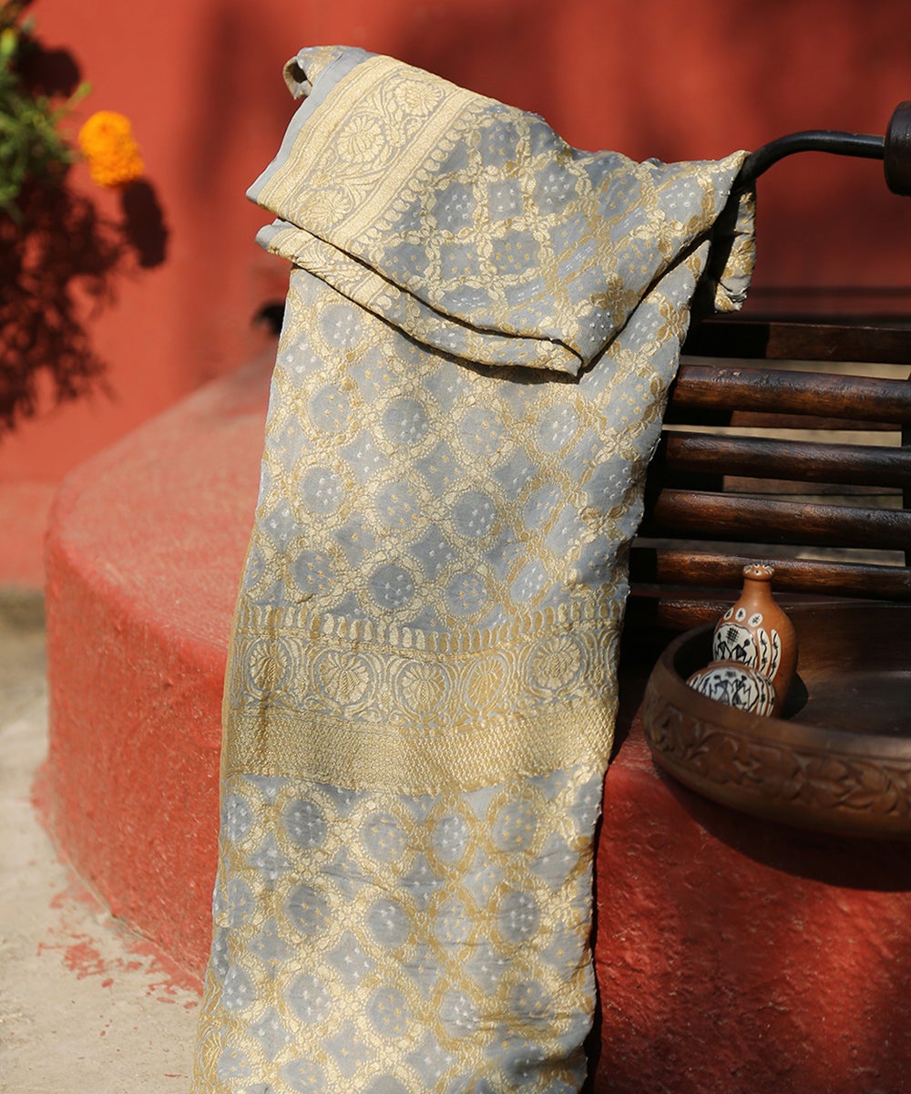 Grey_Georgette_Cutwork_Handloom_Banarasi_Bandhej_Dupatta_with_Golden_Zari_Jaal_WeaverStory_01