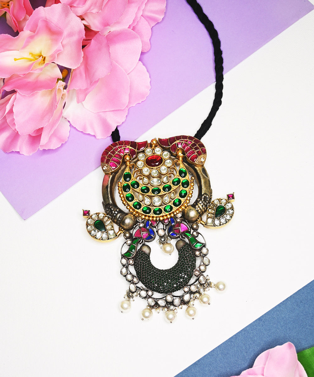 Durrah_Handcrafted_Oxidised_Pure_Silver_Necklace_With_Kundan_And_Pearls_WeaverStory_01