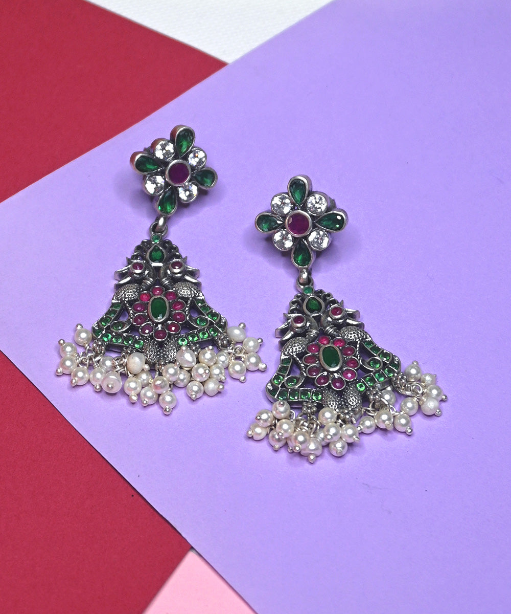 Zainab_Handcrafted_Oxidised_Pure_Silver_Earrings_With_Pearls,_Green_Onyx_And_Ruby_WeaverStory_02