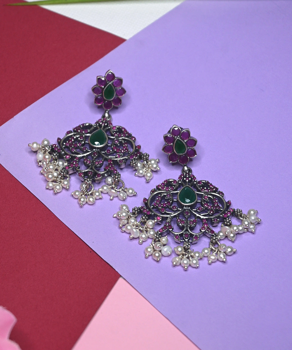 Hania_Handcrafted_Oxidised_Pure_Silver_Earrings_With_Pearls,_Green_Onyx_And_Ruby_WeaverStory_02