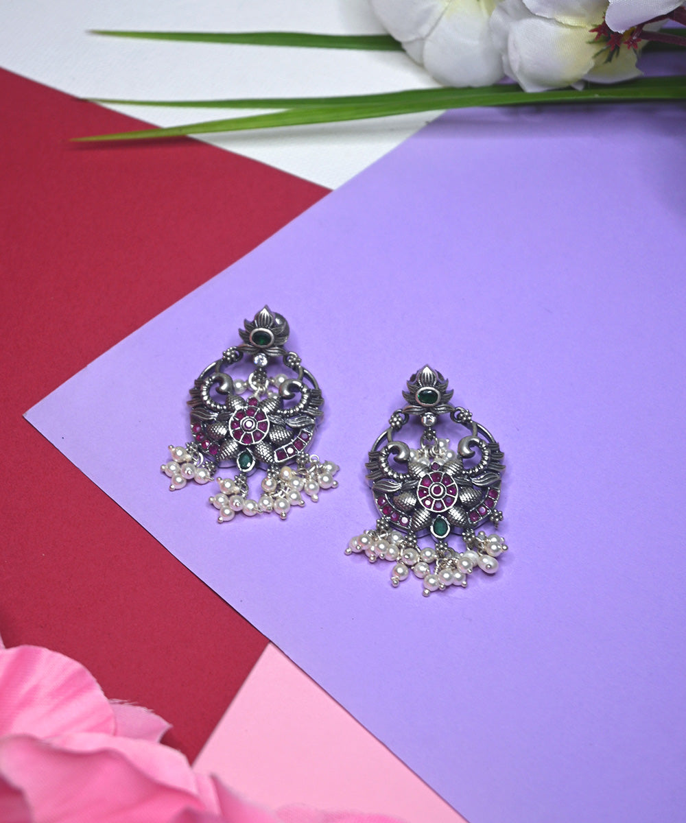 Ayra_Handcrafted_Oxidised_Pure_Silver_Earrings_With_Pearls,_Green_Onyx_And_Ruby_WeaverStory_01