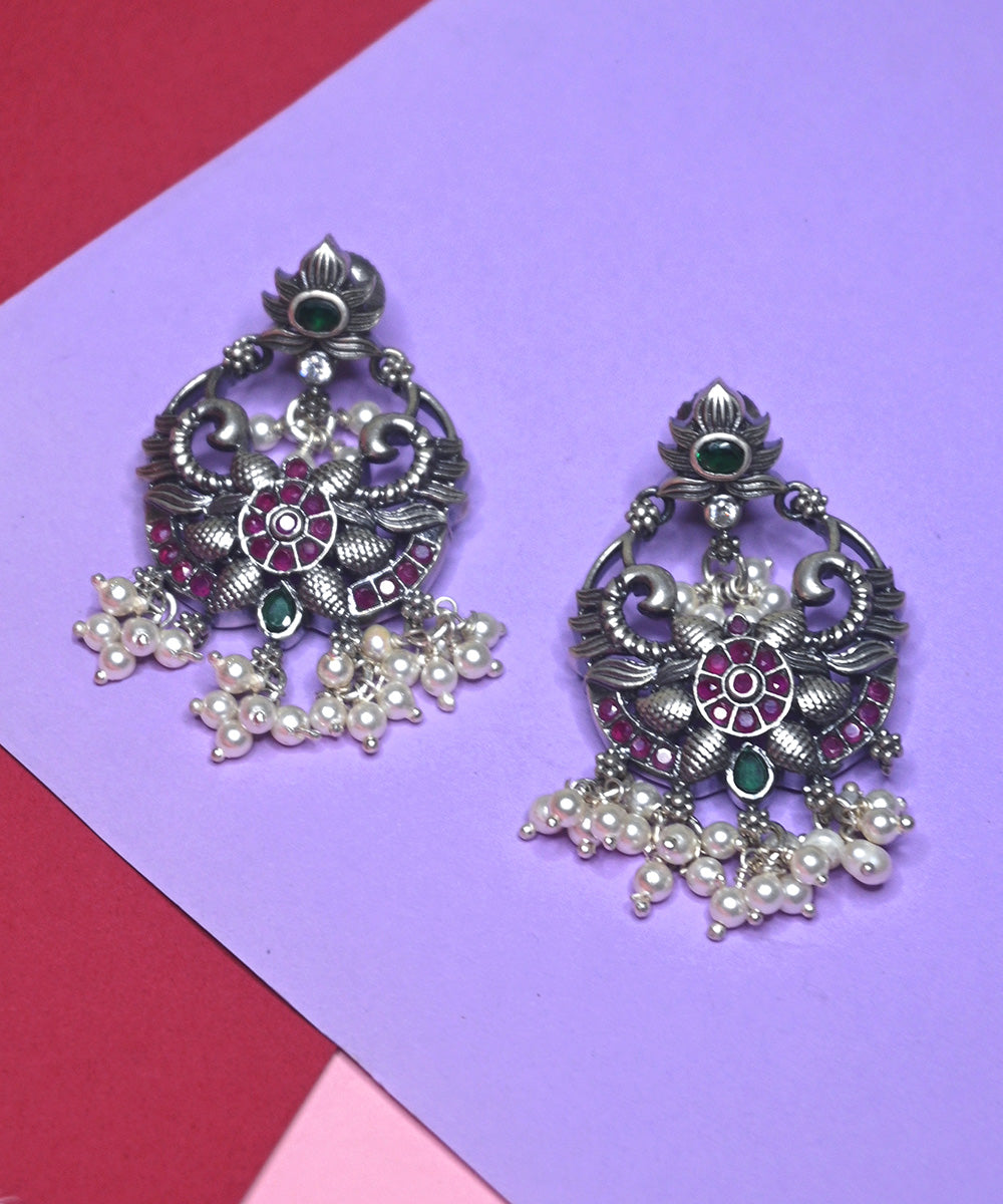 Ayra_Handcrafted_Oxidised_Pure_Silver_Earrings_With_Pearls,_Green_Onyx_And_Ruby_WeaverStory_02