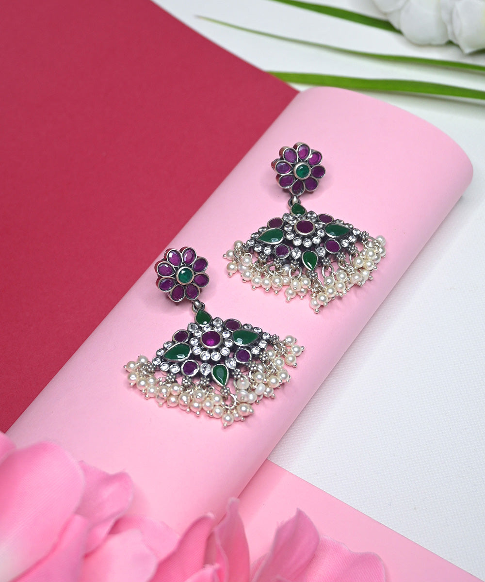 Amna_Handcrafted_Oxidised_Pure_Silver_Earrings_With_Pearls,_Green_Onyx_And_Ruby_WeaverStory_01