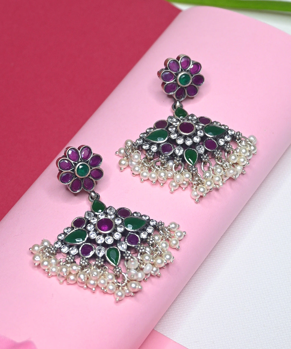 Amna_Handcrafted_Oxidised_Pure_Silver_Earrings_With_Pearls,_Green_Onyx_And_Ruby_WeaverStory_02