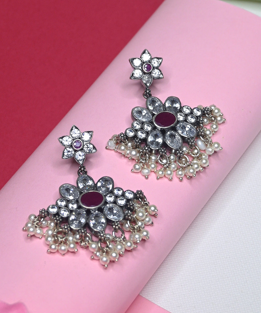 Aleeza_Handcrafted_Oxidised_Pure_Silver_Earrings_With_Pearls_And_Ruby_WeaverStory_02