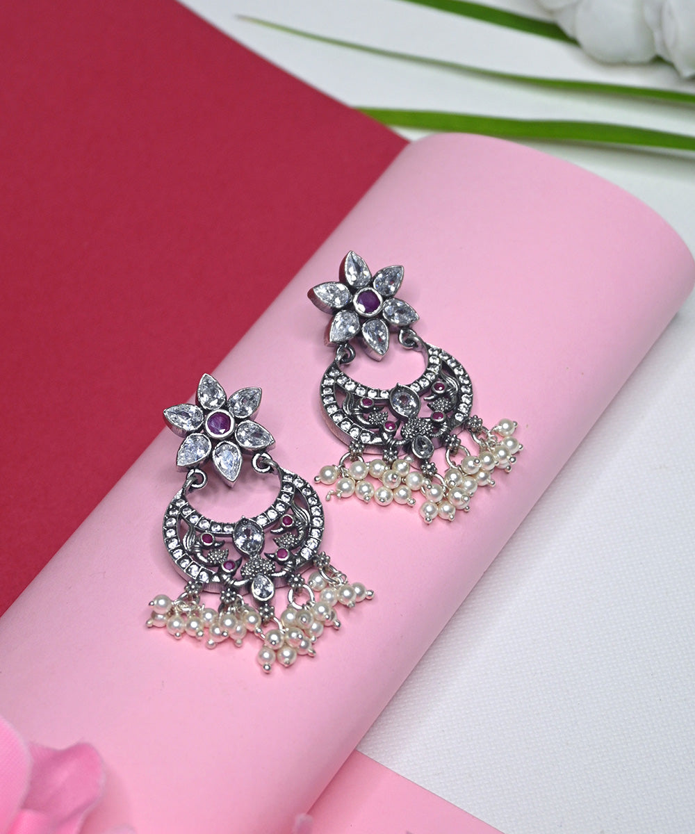 Mahnoor_Handcrafted_Oxidised_Pure_Silver_Earrings_With_Pearls_And_Ruby_WeaverStory_01