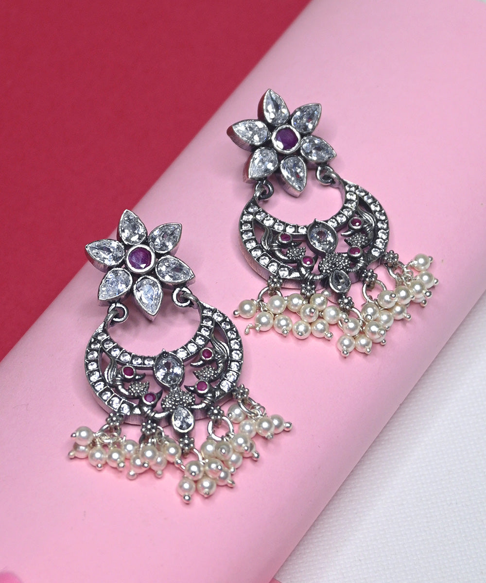 Mahnoor_Handcrafted_Oxidised_Pure_Silver_Earrings_With_Pearls_And_Ruby_WeaverStory_02