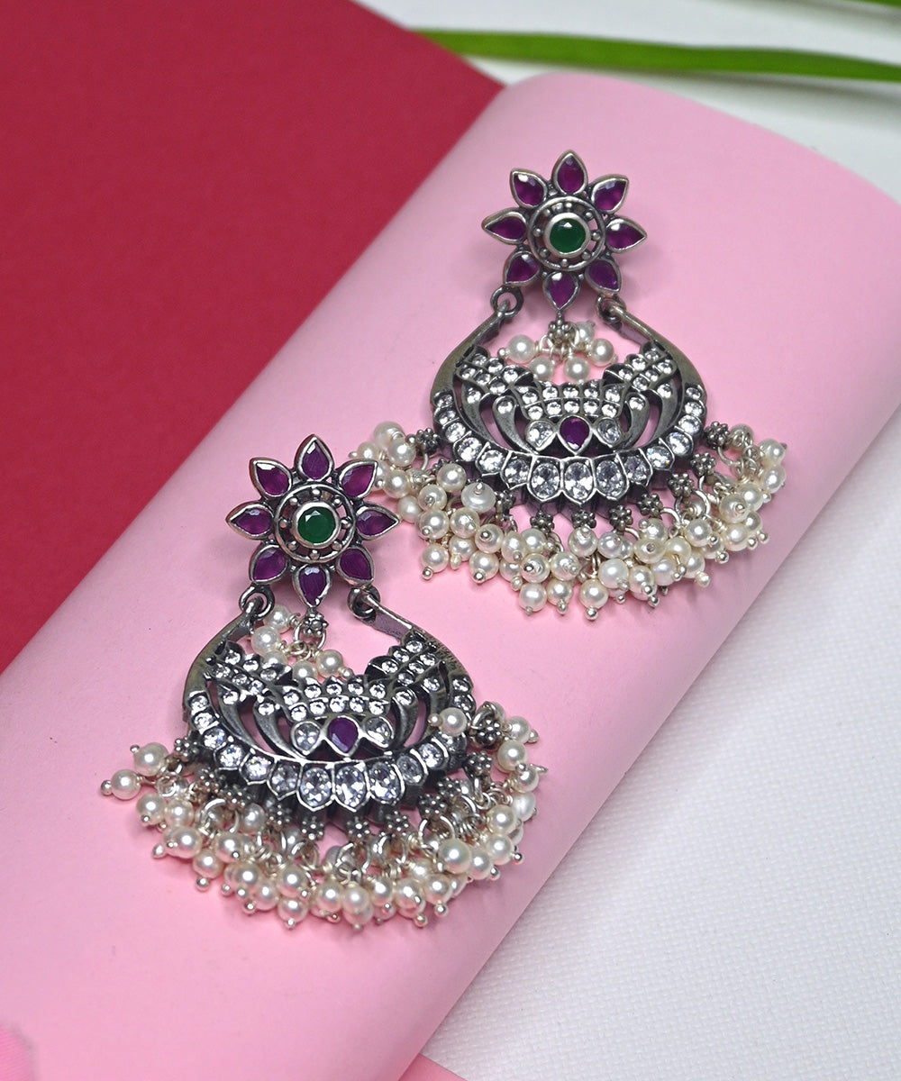 Maryam_Handcrafted_Oxidised_Pure_Silver_Earrings_With_Pearls,_Green_Onyx_And_Ruby_WeaverStory_02