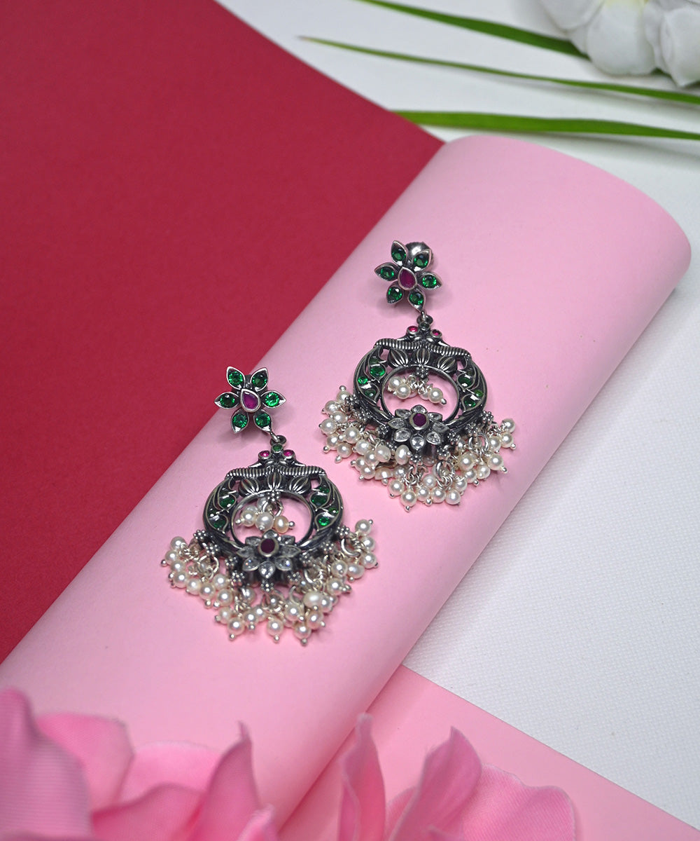 Noor_Handcrafted_Oxidised_Pure_Silver_Earrings_With_Pearls,_Green_Onyx_And_Ruby_WeaverStory_01