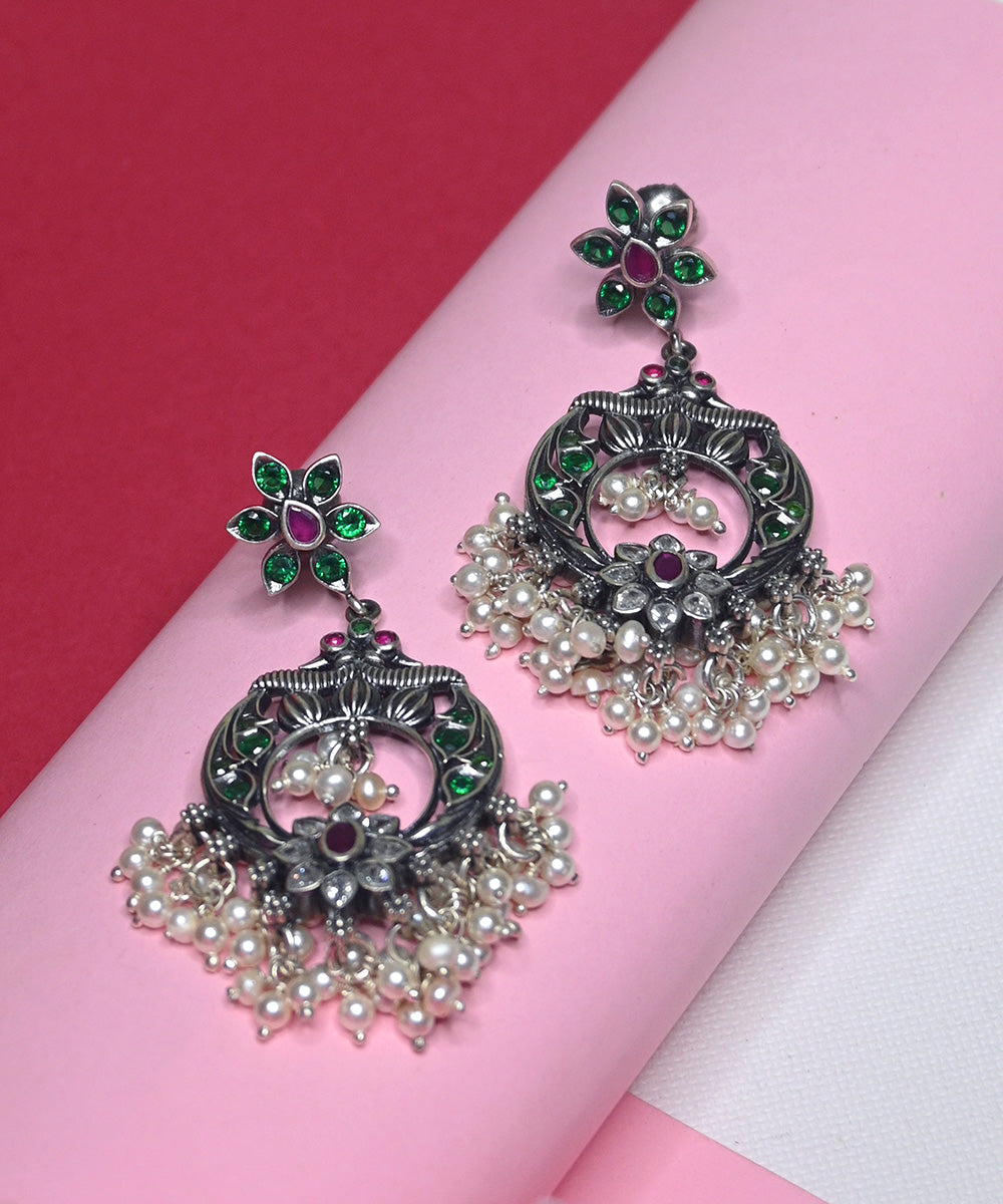 Noor_Handcrafted_Oxidised_Pure_Silver_Earrings_With_Pearls,_Green_Onyx_And_Ruby_WeaverStory_02