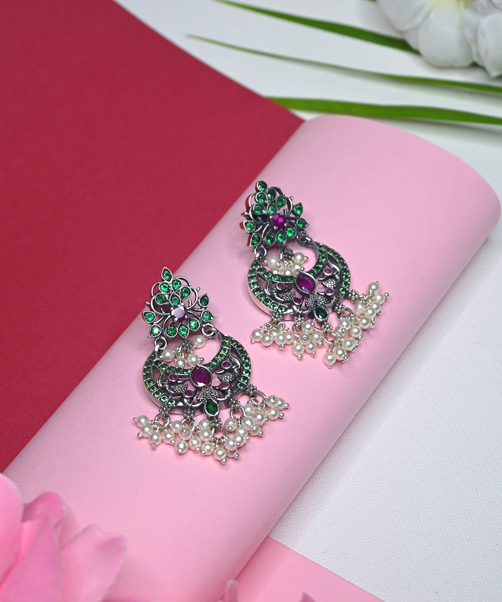 Nimra_Handcrafted_Oxidised_Pure_Silver_Earrings_With_Pearls,_Green_Onyx_And_Ruby_WeaverStory_01