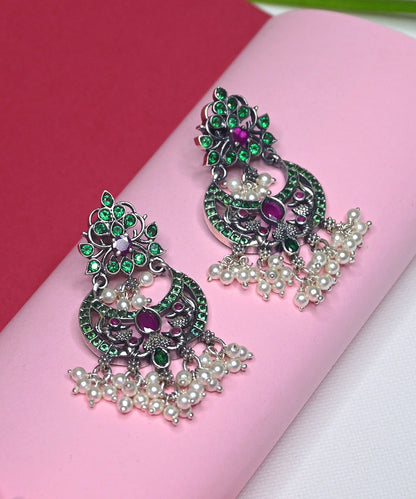 Nimra_Handcrafted_Oxidised_Pure_Silver_Earrings_With_Pearls,_Green_Onyx_And_Ruby_WeaverStory_02