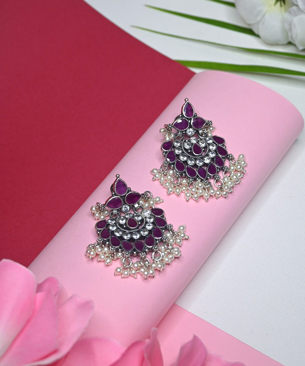 Amara_Handcrafted_Oxidised_Pure_Silver_Earrings_With_Pearls_And_Ruby_WeaverStory_01