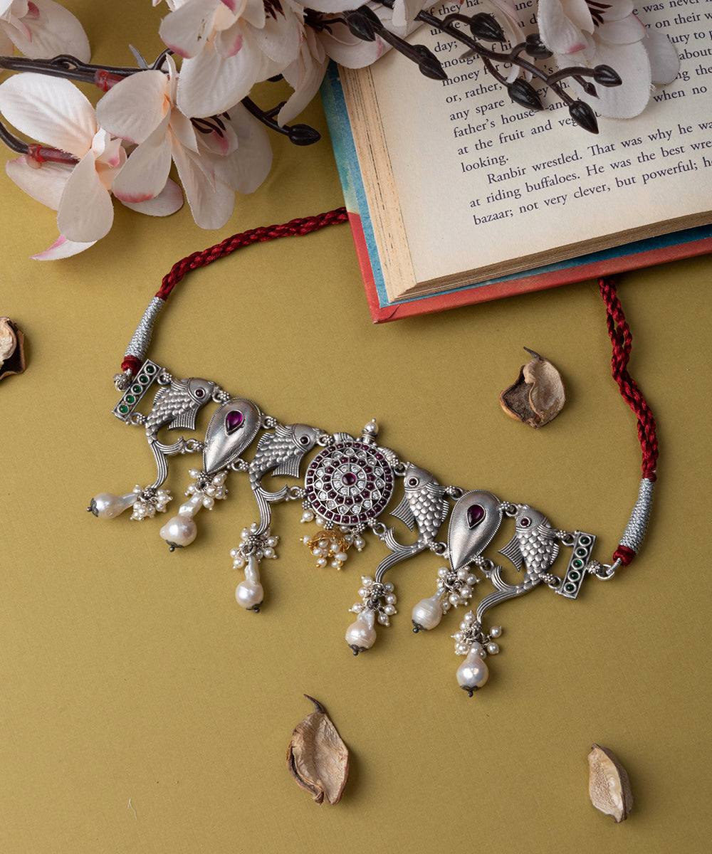 Naaz_Handcrafted_Oxidised_Pure_Silver_Choker_With_Pearls_WeaverStory_01