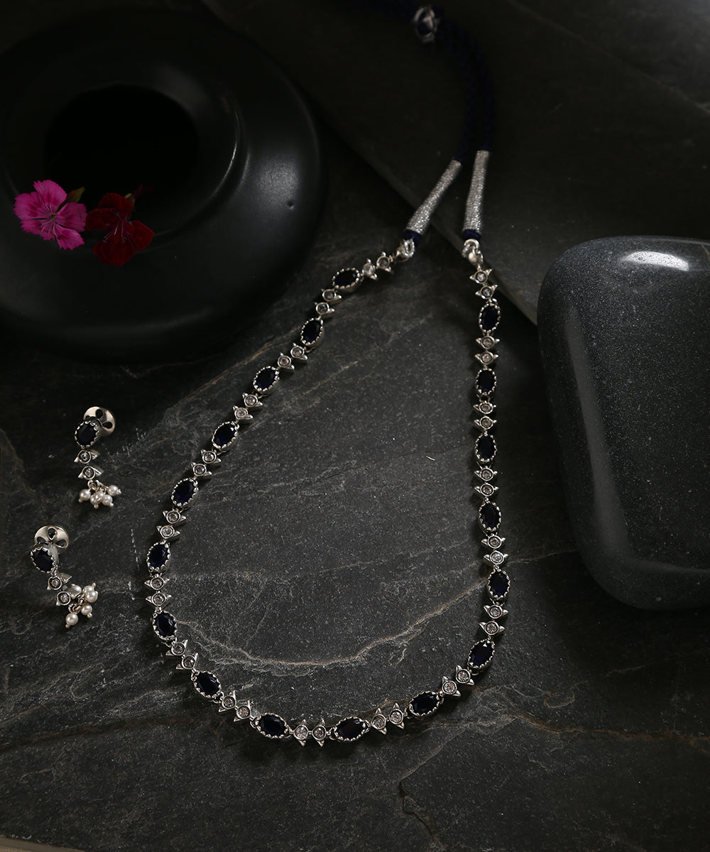 Aamya_Handcrafted_Oxidised_Pure_Silver_Necklace_Set_With_Pearl_Earrings_WeaverStory_01
