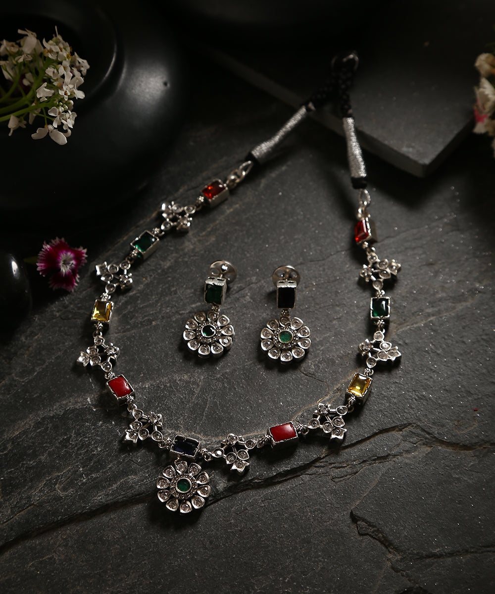 Trihsika_Handcrafted_Multicolor_Oxidised_Pure_Silver_Necklace_Set_WeaverStory_01