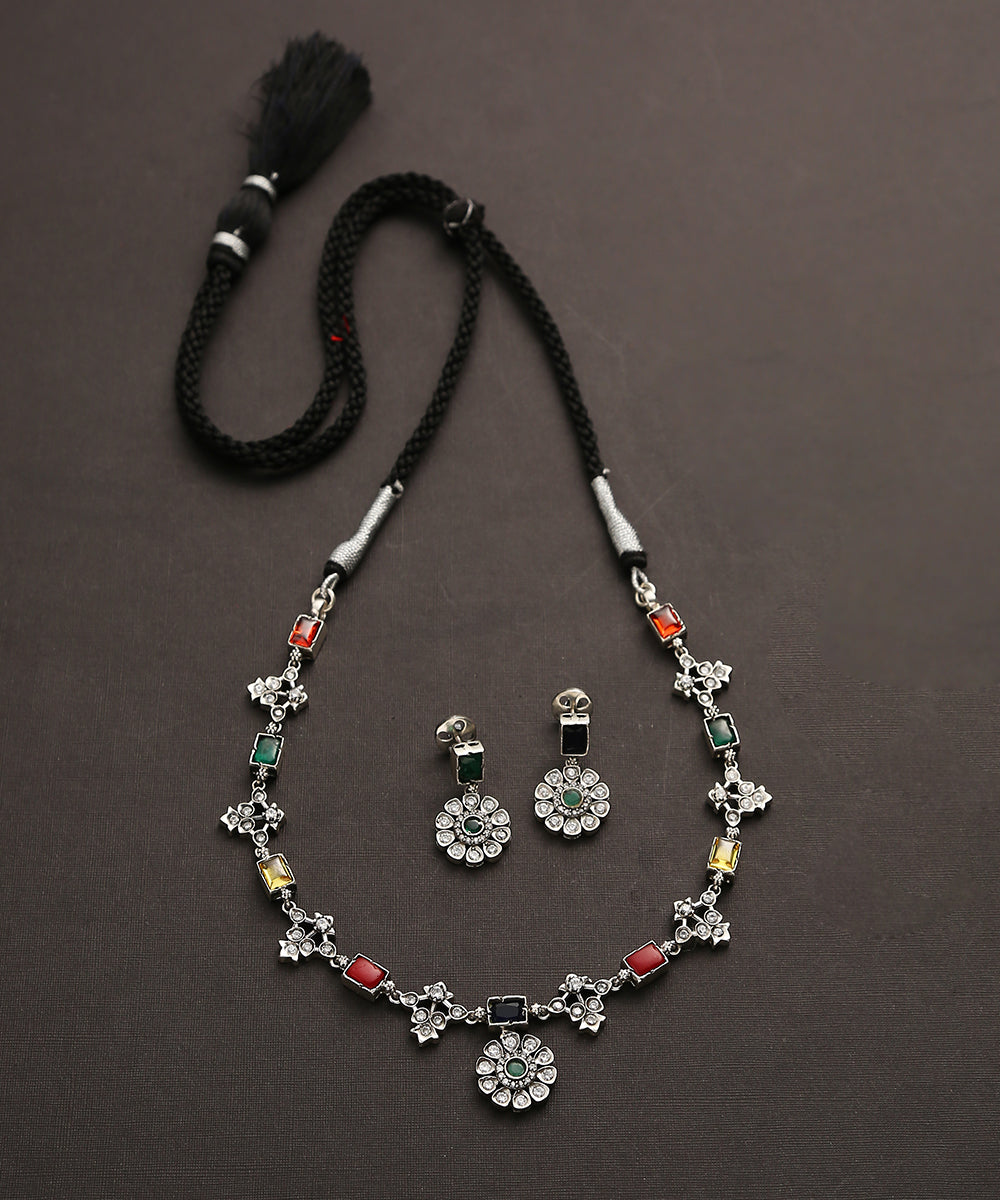 Trihsika_Handcrafted_Multicolor_Oxidised_Pure_Silver_Necklace_Set_WeaverStory_02