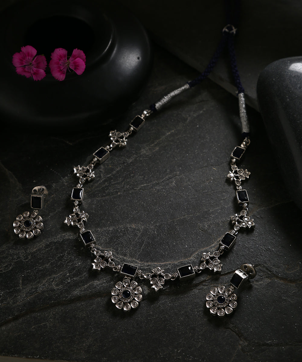 Handcrafted_Yashvi_Blue_Oxidised_Pure_Silver_Necklace_Set_WeaverStory_01