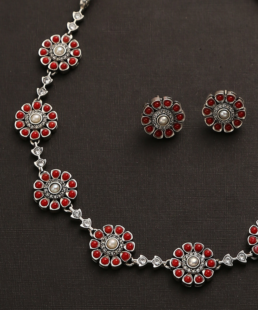 Anamya_Handcrafted_Oxidised_Pure_Silver_Necklace_Set_With_Red_Beads_WeaverStory_03