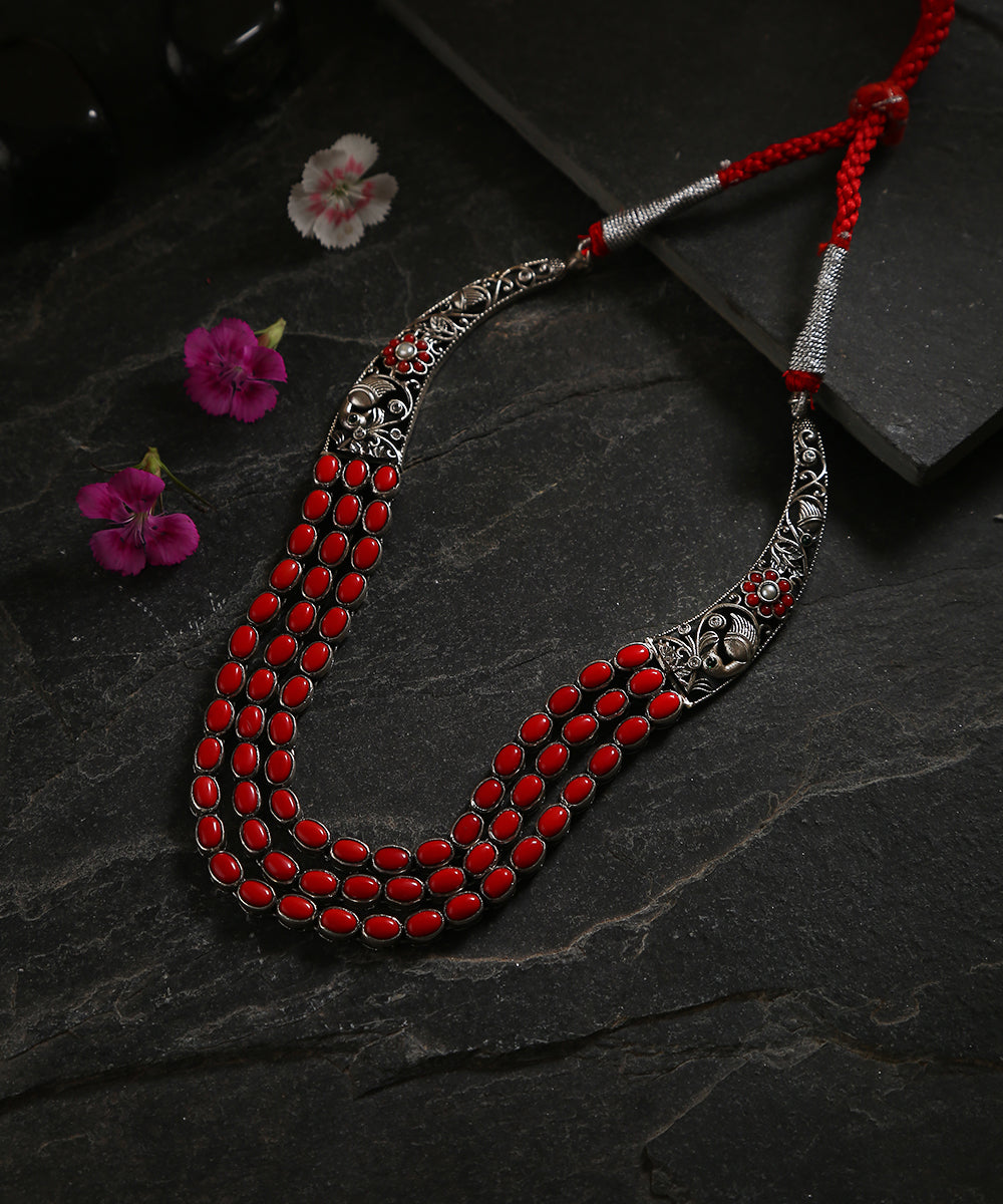 Bhaumi_Handcrafted_Bold_Red_Oxidised_Pure_Silver_Teen_Ladi_Necklace_WeaverStory_01