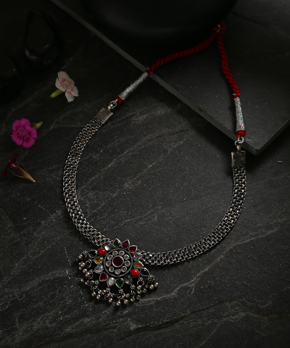 Ekaksh_Handcrafted_Oxidised_Pure_Silver_Multicolor_Necklace_WeaverStory_01