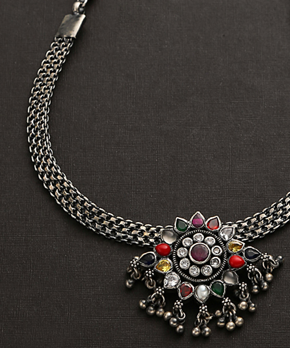 Ekaksh_Handcrafted_Oxidised_Pure_Silver_Multicolor_Necklace_WeaverStory_03