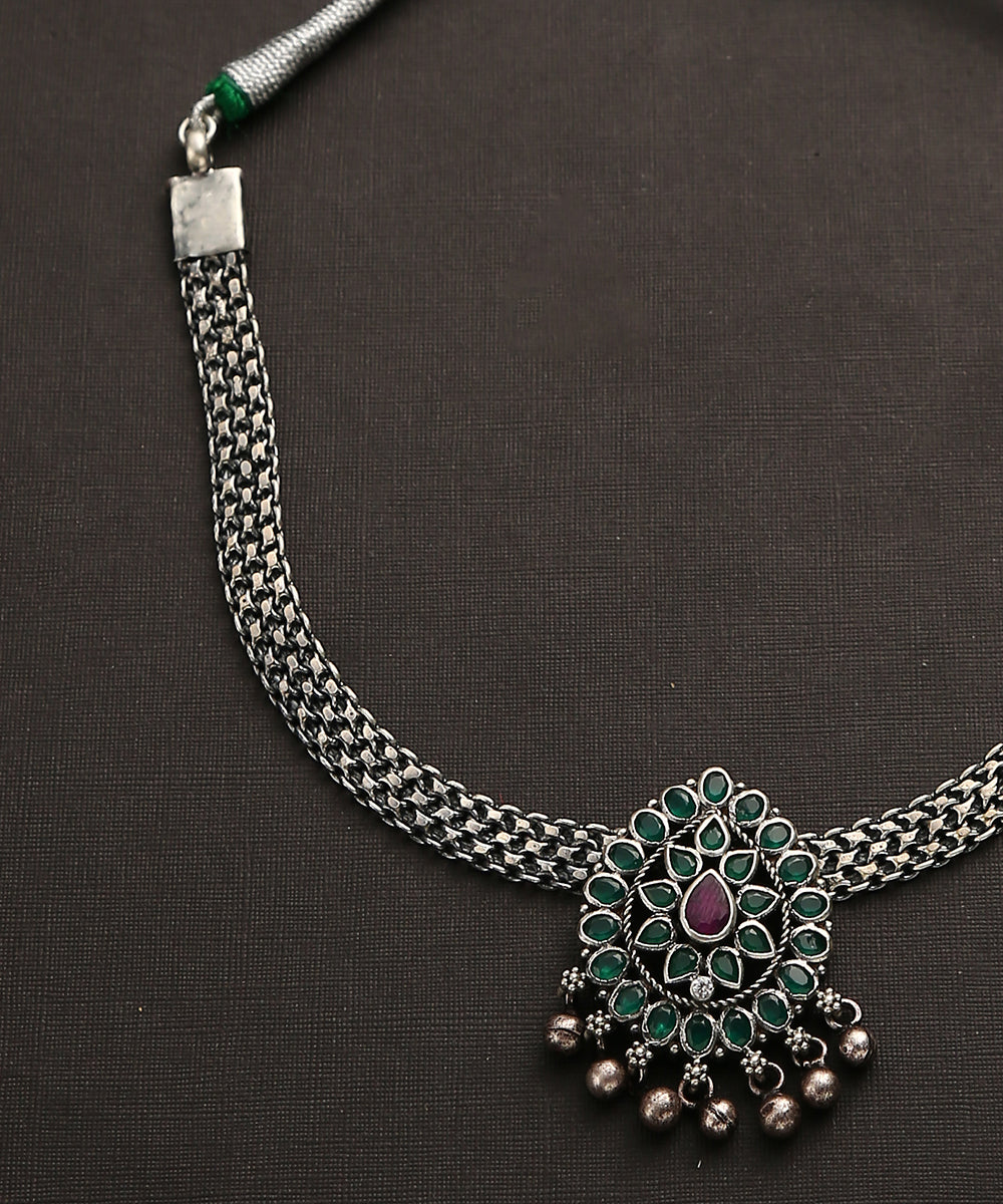 Lohith_Handcrafted_Green_Oxidised_Pure_Silver_Necklace_With_Pendant_WeaverStory_03