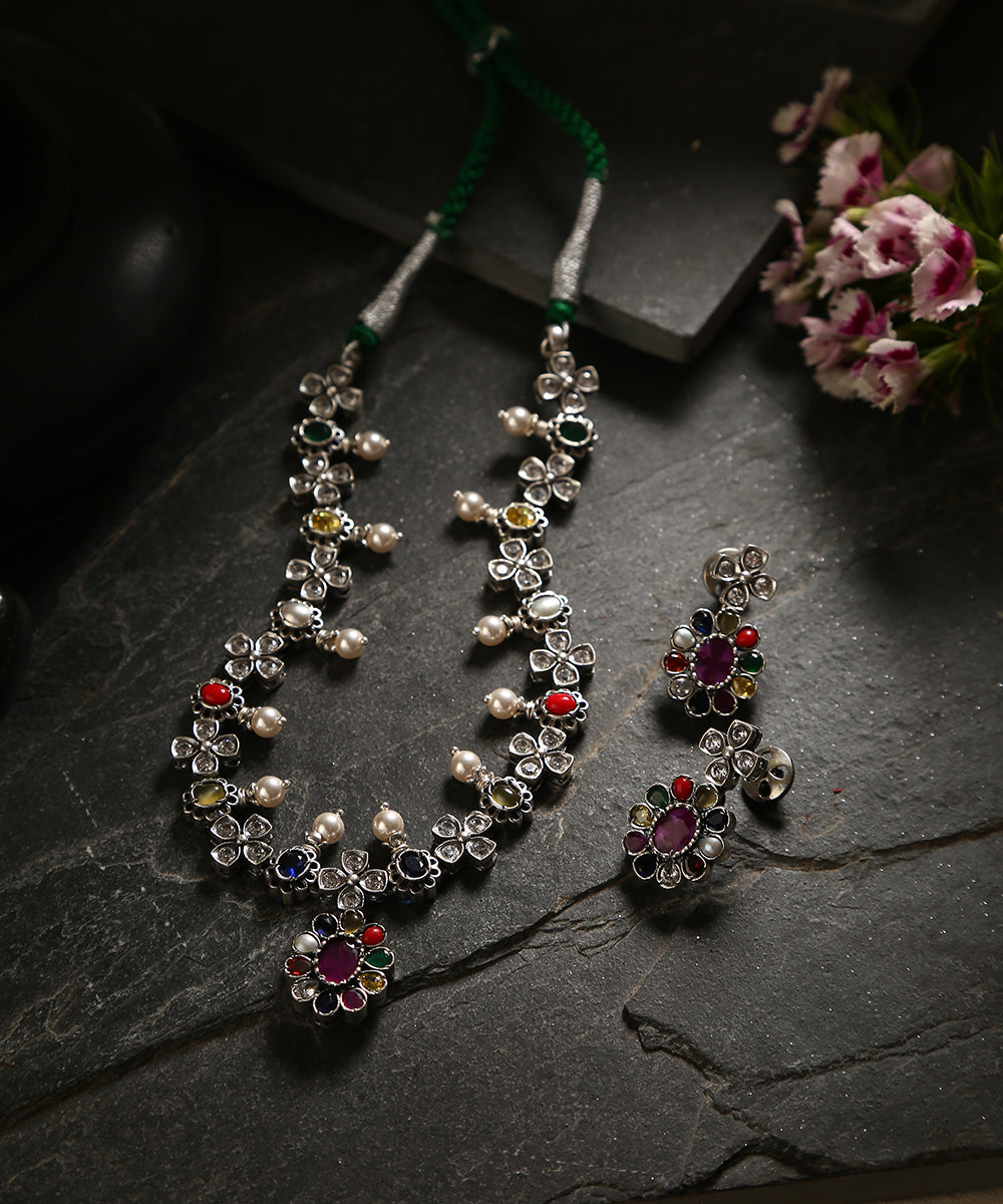 Akanksh_Handcrafted_Oxidised_Pure_Silver_Navratan_Necklace_Set_WeaverStory_01