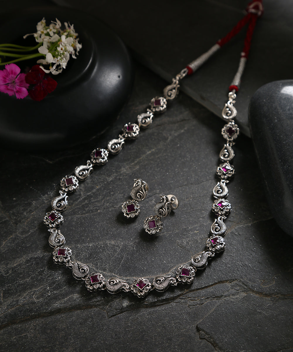 Ahalya_Handcrafted_Oxidised_Pure_Silver_Necklace_Set_With_Peacock_Motifs_WeaverStory_01