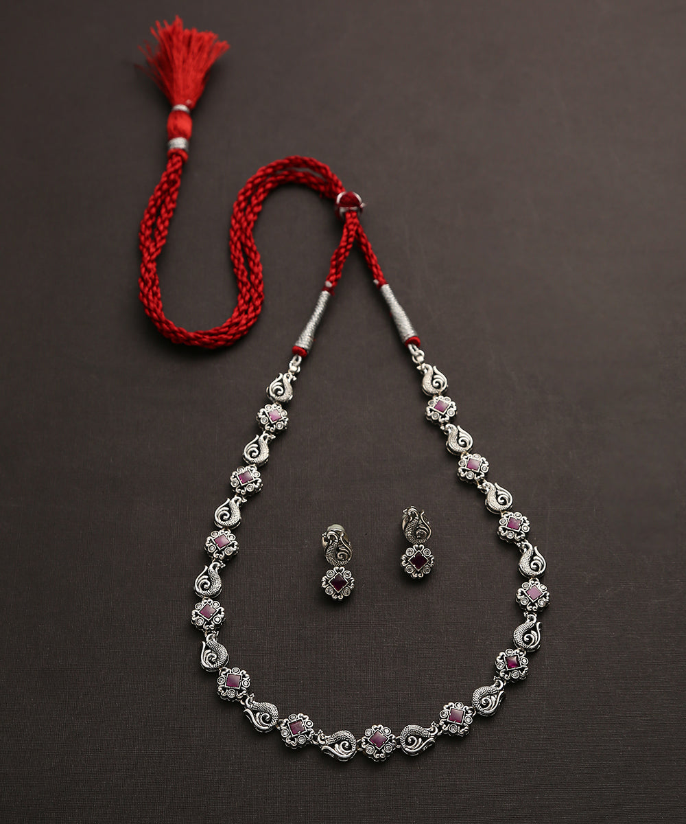 Ahalya_Handcrafted_Oxidised_Pure_Silver_Necklace_Set_With_Peacock_Motifs_WeaverStory_02