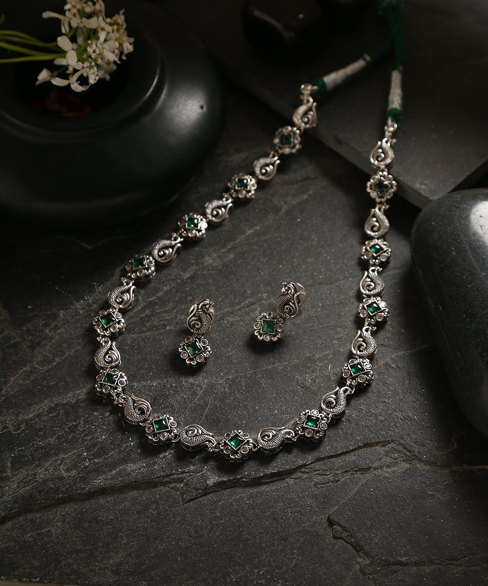 Devesh_Green_Handcrafted_Oxidised_Pure_Silver_Necklace_Set_WeaverStory_01