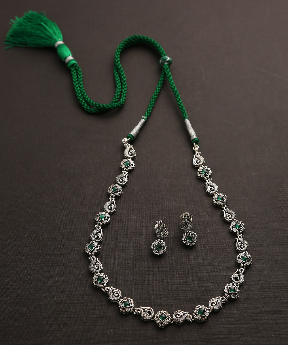 Devesh_Green_Handcrafted_Oxidised_Pure_Silver_Necklace_Set_WeaverStory_02
