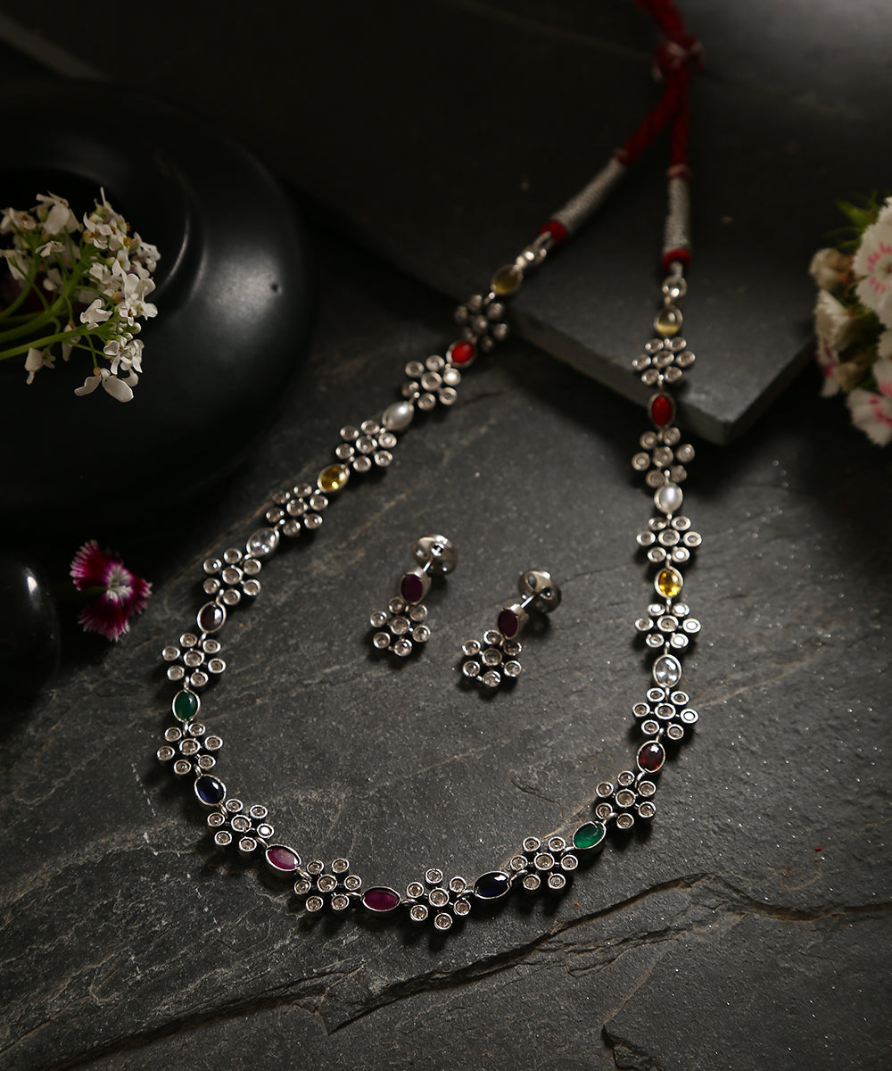 Akarsh_Handcrafted_Oxidised_Pure_Silver_Navratan_Necklace_Set_WeaverStory_01